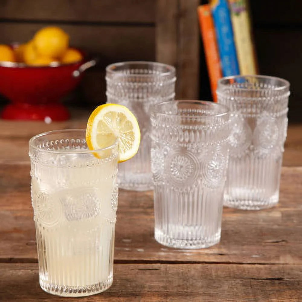 Adeline 16-Ounce Embossed Glass Tumblers, Set of 4, Clear